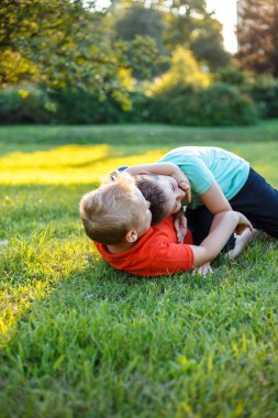 İki arkadaş çimenlerde yuvarlanıp birlikte mutlu zaman geçiriyorlar. Arkadaşlarla boş zaman geçirmek, ortak aktiviteler.