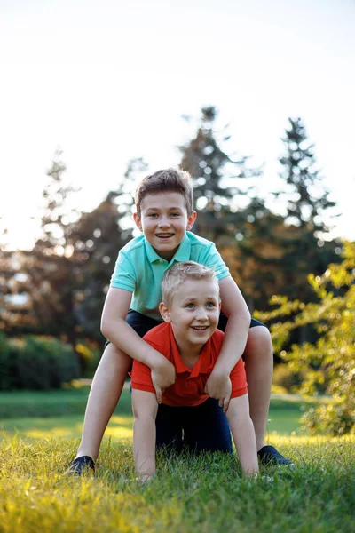 Deux Amis Jouent Sur Herbe Passant Temps Ensemble Heureux Temps — Photo