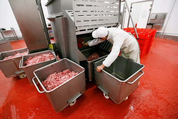 Visão Traseira Trabalhador Arranjado Carne Crua Picada Processo Industrial Uma — Fotografia de Stock