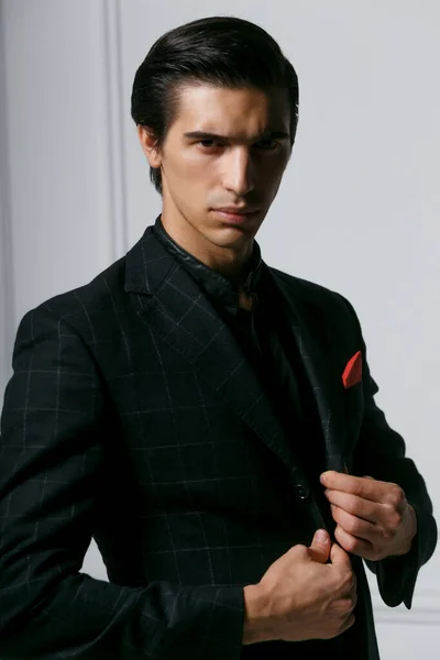 Horizontal Portrait Handsome Man Black Suit Red Silk Scarf Pocket — Stock Photo, Image