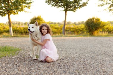 Parkta büyük beyaz bir köpeği olan sevimli kıvırcık kız. Pembe elbiseli güzel bir kız yaz yürüyüşü sırasında en sevdiği köpeğine sarılır..
