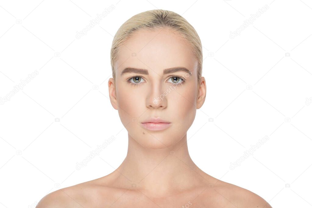 Close-up portrait of a blonde girl with makeup in studio light, with naked shoulders, isolated on white background.