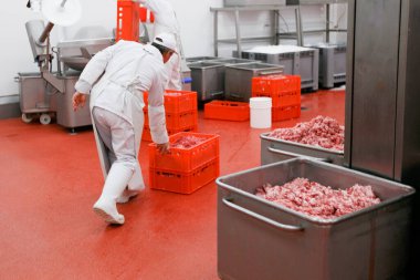 Et fabrikasında çalışan bir işçi bir kasaya işlenmiş et yüklüyor. Gıda işleme ve imalat endüstrisi.