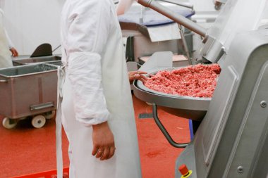 Et işleme fabrikasında çalışan bir işçi işleme makinesindeki kıyma makinesine baharat ekliyor. Çerçeve resmi.