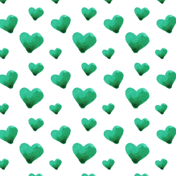 Green Watercolor Hearts Pattern Seamless White Background Colorful Romantic Texture — Stock Photo, Image