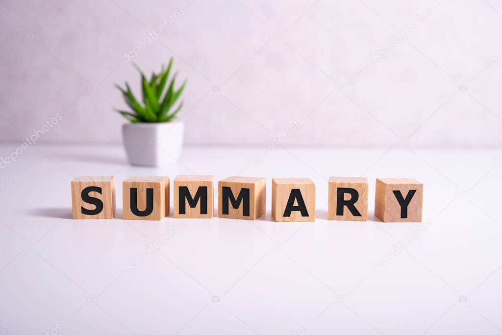 SUMMARY word written on wood block on white