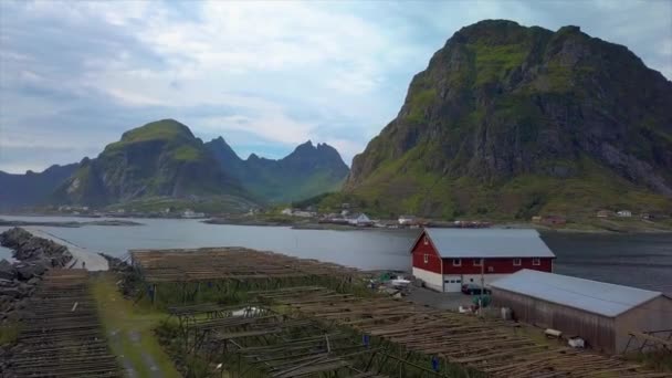 Vista Aérea Pequena Aldeia Noruega — Vídeo de Stock