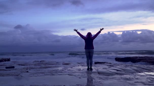 Meisje Aan Kust Tegen Achtergrond Van Stormgolven — Stockvideo