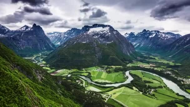 Timelapse Scenery Andalsnes View Floating Clouds Snowy Peaks River Mountains — Stock Video