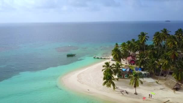 Drohnenaufnahmen Von Karibik Insel Mit Palmen Bungalows Boot Pier Und — Stockvideo