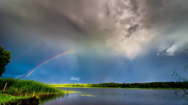 Double Rainbow Rainy Cloudy Sky Lake — Stock video