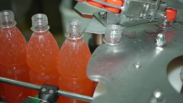 ソーダミネラルウォーターのボトルに自動スクリューキャップ レモネード自動搬送ライン — ストック動画