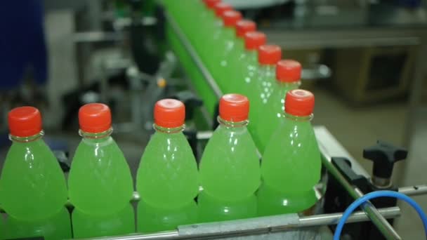 Flaschen Bewegen Sich Entlang Der Produktionslinie Limonade Soda Mineralwasser Werden — Stockvideo