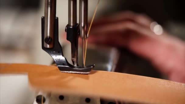 Primer plano de la máquina de coser de trabajo, aguja y pie están haciendo puntadas — Vídeo de stock