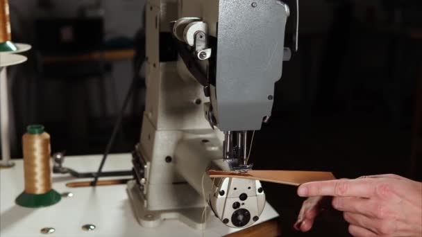Handwerker näht Leder auf Maschine — Stockvideo
