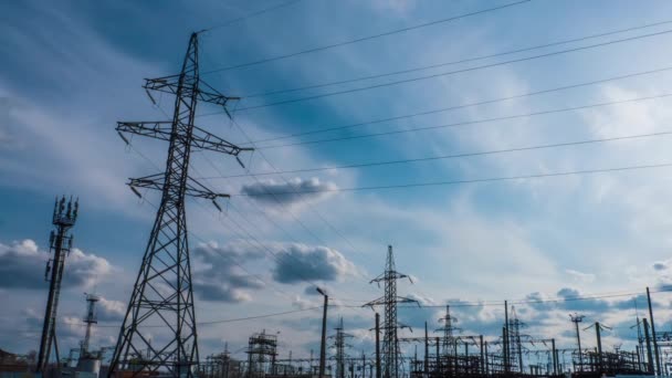 Cables Eléctricos Torre Energía Estación Producir Electricidad Lapso Tiempo Puesta — Vídeos de Stock