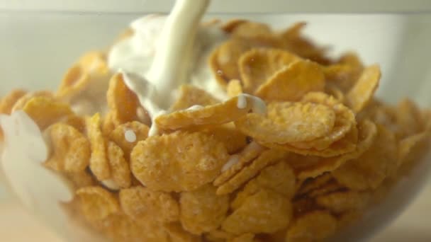 Melk Toevoegen Aan Cornflakes Glazen Schaal — Stockvideo