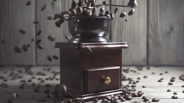 Coffee Beans Fall Old Grinder — Stock Video