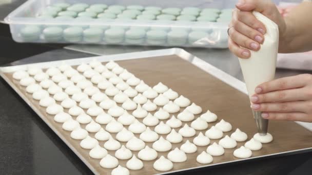 Cropped Shot Confectioner Squeezing Whipped Cream Tray — Stock Video