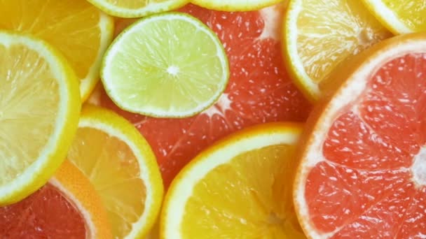 Citrus Fruits Taze Dilimlerinin Üzerinde Kameranın Dönüşü — Stok video