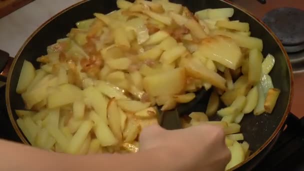Сковородка Нарезанной Картошкой — стоковое видео