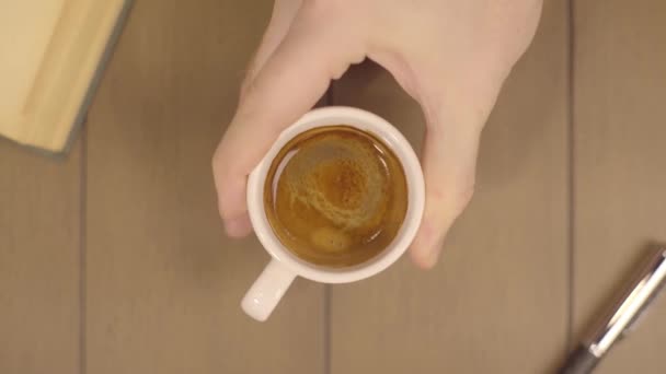 Human Hand Holding Coffee Cup Morning Drinks Male Moves Cup — Stock Video