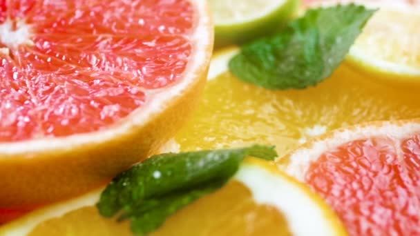 Panning Video Grapefruit Citron Pomerančové Plátky Ležící Stole — Stock video