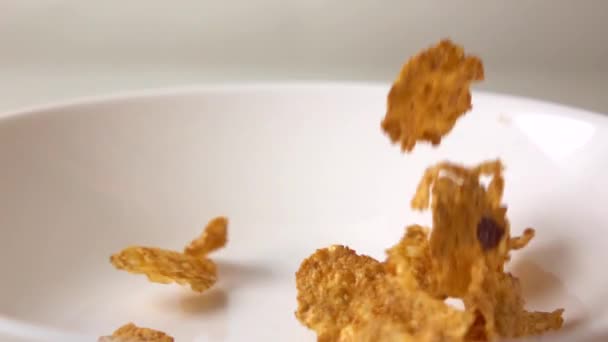 Super Shot Van Corn Vlokken Met Gedroogde Vruchten Rozijnen Val — Stockvideo