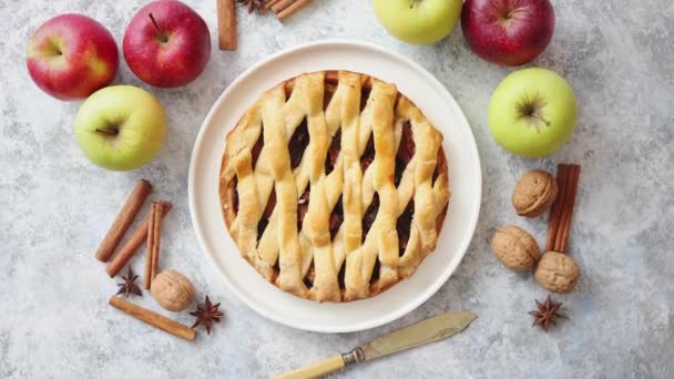 Νόστιμο Γλυκό Σπιτικό Κέικ Μηλόπιτας Ξυλάκια Κανέλας Καρύδια Και Μήλα — Αρχείο Βίντεο