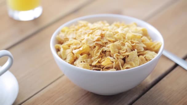 Sugar Pouring Corn Flakes Wooden Table — Stock Video