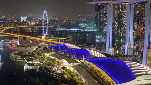 Flygfoto Över Singapore Skyline Marina Bay Och Skyskrapor Natten — Stockvideo