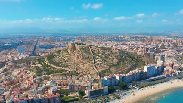 Alicante Spanje Luchtzicht Stad Tegen Zee Met Uitzicht Berg Het — Stockvideo