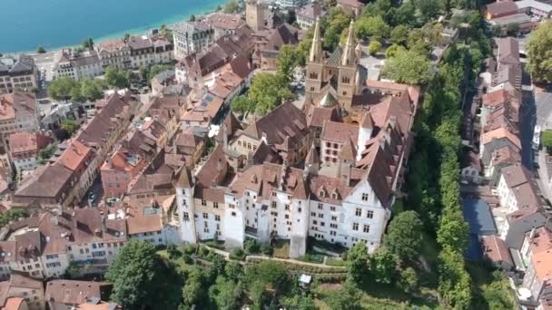 Großes Antikes Wunder Schloss Neuchatel Und Elegante Häuser Zentrum — Stockvideo