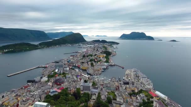 Πόλη Του Alesund Νορβηγία Αεροφωτογραφία — Αρχείο Βίντεο