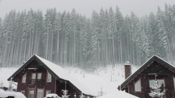 Cabañas Bajo Nieve Montaña Invierno — Vídeos de Stock