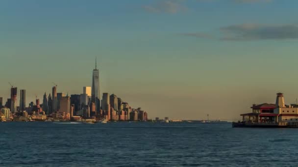 Abend Lower Manhattan Und Lincoln Harbor Pier Von Weehawken New — Stockvideo