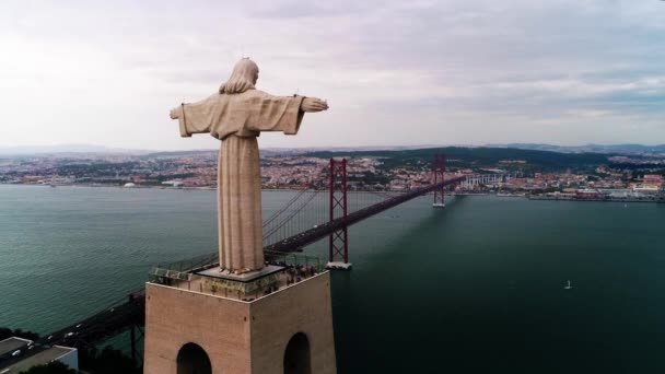 Beroemd Lissabon Jesus Monument Tegen Pittoresk Uitzicht Stad — Stockvideo