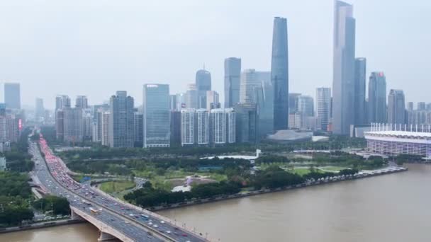 Guangzhou Cityscape China Com Tráfego Barcos Pontes — Vídeo de Stock