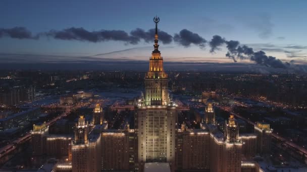 Moscow State University Illuminated Moscow Skyline Winter Evening Russia Aerial — Stock Video