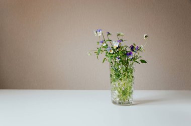 Yabani çiçekler bej arka planda beyaz bir masanın üzerindeki bir bardakta, rahat bir atmosferde toplanır.