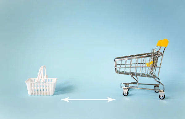 Miniature Shopping Trolley White Basket Isolated Blue Background Copy Space — Stock Photo, Image