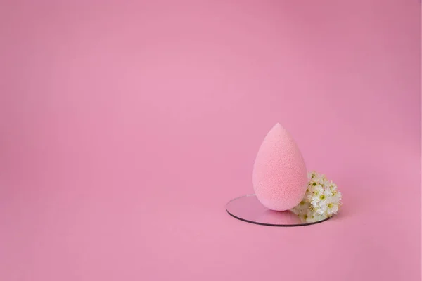 Pembe güzellik karıştırıcısı ve pembe arka planda izole edilmiş çiçekle fotokopi alanı. Makyaj için pembe karıştırıcı sünger. Çok az düşünüyorum. En küçük şey