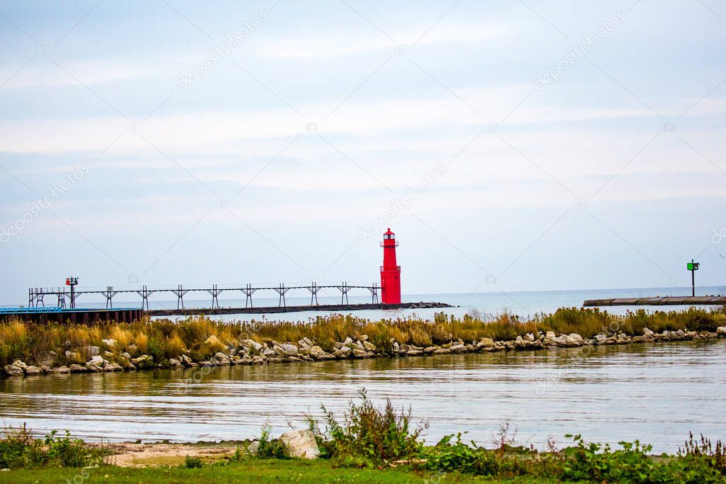 Algoma Habor and Lighthouse during autumn in Algoma Wisconsin