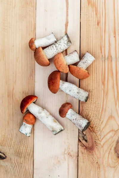 Birçok farklı yenilebilir mantar, tahtadan bir tahta üzerinde kahverengi renkli, toplanmış mantarlar üzerinde yatar. Yukarıdan görünüm