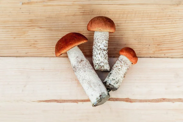 Drei Essbare Pilze Liegen Auf Einem Hölzernen Brett Brauner Farbe — Stockfoto