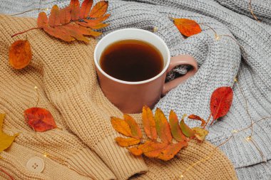 Sonbahar, kuru kırmızı sonbahar yaprakları sıcak bir espresso bardağının etrafına istiflenmiş süveterlerin üzerinde yatar.