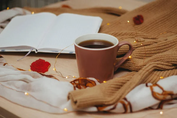 Open Daily Diary Empty Pages Cup Hot Coffee Beige Cardigan — Stock Photo, Image