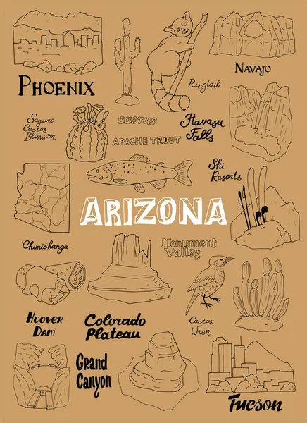 Arizona 'nın kırsal bölgeleri ve devlet sembolleriyle vektör illüstrasyonu