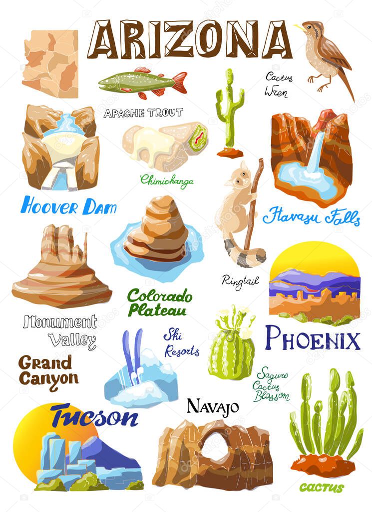 Vector illustration with Arizona's countrysides and state symbols