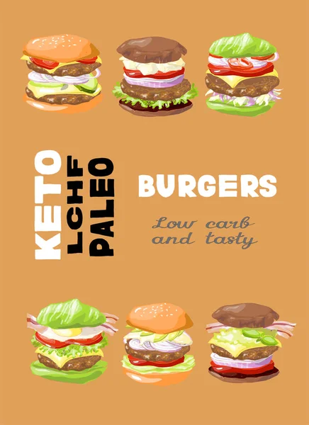 Vektör illüstrasyon Keto Ichf paleo diyet burger posterleri.